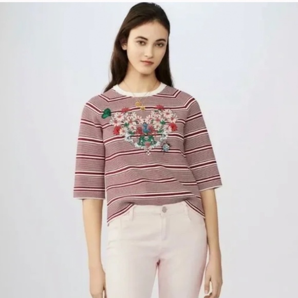 Maje Sweaters - Maje Marco Floral Embroidered Heart Striped Sweater Red x White Size 2 (US M)